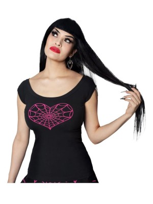 Yru Spider Web Heart Shoulder Tops Black / Pink | 1826UFEQC